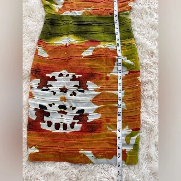 Alice + Olivia Valerie Silk Ruched Mesh Orange White Green Sleeveless Dress SZ 6 - Picture 5 of 12